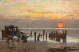 SFB (19th or 20th Century school) - Beach scene at sunset - Polychrome mixed media on paper - 33