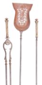 A set of three William IV steel and brass mounted fire irons, circa 1835; comprising shovel,