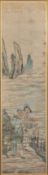 A large Chinese scroll painting depicting an extensive lake landscape with a Luohan and a lady