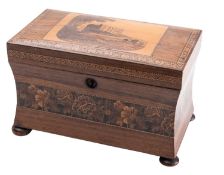 A Victorian rosewood and Tunbridgeware tea caddy,