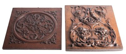 Two Continental relief carved rectangular wood panels, early 18th century; the walnut example,