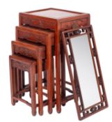A Chinese nest of hardwood, probably huanghuali and burrwood quartetto tables,