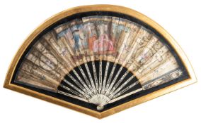 A painted and sequin adorned silk and bone mounted fan, English or French,