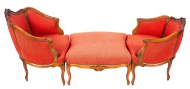 A Continental walnut and upholstered three piece duchesse brisée in Louis XV taste,
