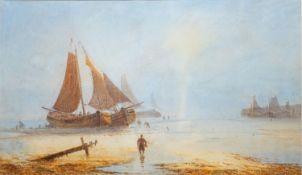 19th or early 20th Century school - Barges drawn up on sands - Watercolour on paper - 48 x 83cm,