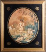 A George III silk and woolwork picture of a young man in a landscape,