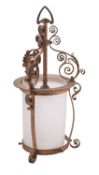 A gilt wrought iron and opaque glass ceiling lantern,