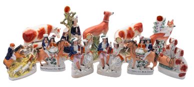 Eleven Staffordshire pottery groups, including Going to Market, Returning Home, Fox Hunting,