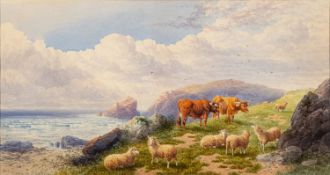 Charles Edward Brittan (British, 1837-1888) - Cattle and sheep on a coastal landscape