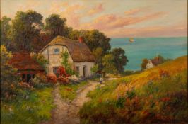 Sidney Watts (British, 20th Century) - Thatched cottage overlooking the sea - Oil on canvas - 39.
