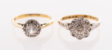 Two cluster style rings, including an 18ct gold ring of flower head design,