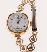 Omega a 9K gold wristwatch the dial having black Arabic numerals, blued steel-moon hands,