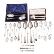 Mixed silver flatware, to include 4 tablespoons, a dessert spoon, 6 dessert forks (steel blades),