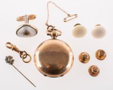 A mixed group of items, including a gold filled sovereign holder with faint carving to the outside,