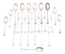An Edwardian part-canteen of Hanoverian pattern silver flatware, 6 tablespoons, 6 table forks,