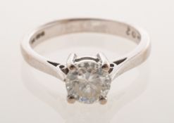 A platinum 1.02 carat diamond solitaire ring, four claw set with a brilliant-cut diamond, 1.