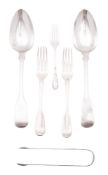 A small mixed group of silver flatware, a pair of George IV Fiddle pattern tablespoons,