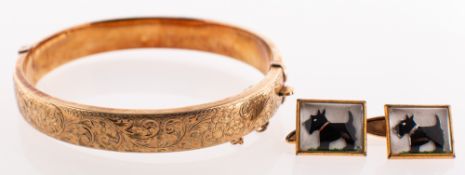 A 1950's 9ct gold bangle and a pair of vintage Scottie dog cufflink's,