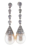 A pair of 18ct gold pearl and diamond drop earrings, each of post fitting,