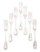 An early Victorian set of seven Scottish silver table forks, Fiddle & Shell pattern, crested,