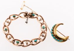 A Victorian turquoise and pearl bracelet and a Victorian turquoise crescent moon brooch,