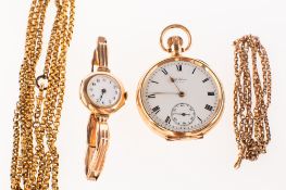 A lady's 9K gold wristwatch having a round white dial with black Arabic numerals and blued-steel