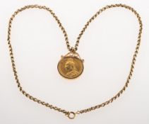 A Victoria 1891 full sovereign in pendant mount with chain,