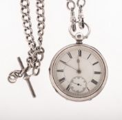 A silver pocket watch the round cream dial having black Roman numerals,