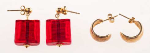 Two pairs of earrings, including a pair of 9ct gold half hoop earrings, UK hallmark to posts,