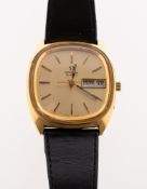 Omega Quartz gold-plated gentleman's wristwatch the gilt cushion dial having raised baron numerals,