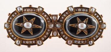 A Victorian double banded agate, pearl and rose-cut diamond brooch,
