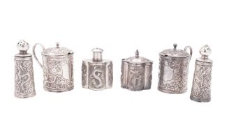 Chinese silver condiments, 3 mustard pot & 3 pepper casters, decorated in relief with dragons,