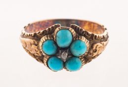 A Victorian turquoise and rose-cut diamond memorial ring, of flower head form,