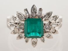 An emerald and diamond cocktail ring, of vintage geometric floral form,