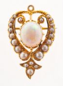 An antique opal and seed pearl brooch pendant, possibly late Victorian/early 20th century,