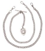 A late Victorian silver curb-link watch chain, with an attached 