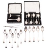 Miscellaneous silver flatware:- a cased set of six teaspoons, a cased child's pusher & spoon,