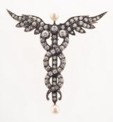 A Victorian Caduceus diamond and pearl brooch pendant,
