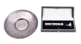 A cased modern silver scent bottle, with an engine-turned, octagonal body,