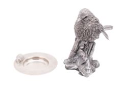By Sarah Jones, a modern small circular silver dish with an applied hedgehog, London 1998,