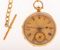 An 18K gold fusee pocket watch with Albert chain, the gold dial having black Arabic numerals,