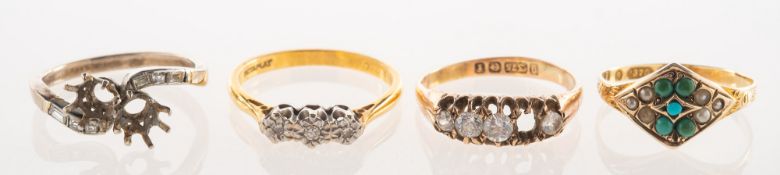 A group of four rings, including a Victorian ring, set with turquoise cabochons and faux pearls,