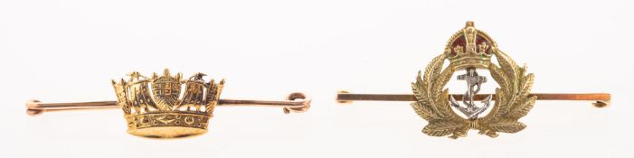 Two Royal Naval sweetheart brooches, including a bar brooch with the Royal Naval crown,