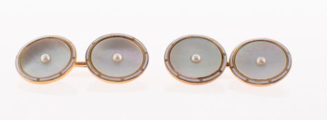 A pair of Art Deco mother of pearl, pearl and enamel cufflink's, bar link fitting,