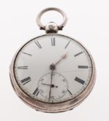 A silver open-faced silver pocket watch with a table roller lever,