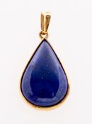 A lapis lazuli pendant, collet set with a tear drop shaped lapis lazuli cabochon, bale marked 18c,