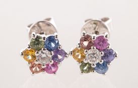 A pair of multi-colour sapphire and diamond stud earrings,