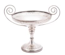 A George V silver pedestal dish, circular form, with twin, wire-work spiralling handles,