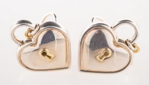 Tiffany & Co, a pair of heart padlock and key earrings, bi-metal,