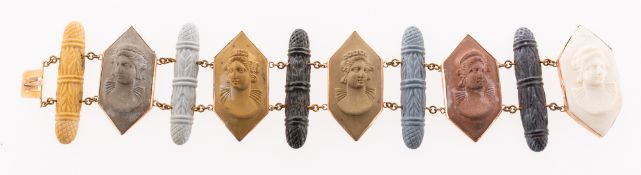 A Victorian Grand Tour carved lava stone cameo bracelet,